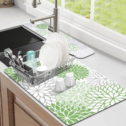 Findosom 2PCS 16" x 24" Dish Drying Mat & 24" x 5.5" Sink Splash Guard, Super Absorbent & Cuttable Dish Mat Drying Kitchen Mat with Green Floral, Hide Stain Drying Mat for Kitchen Counter - Image 1