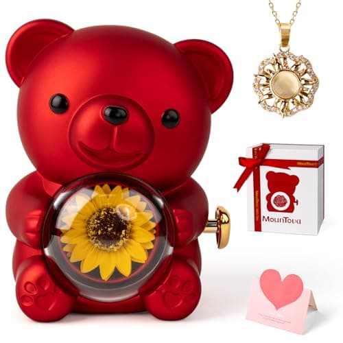 mountova Birthday Gifts for Women, Lucky Sunflower Bear with Necklace, Anniversary Christmas Wedding Gift for Her - Wife Girlfriend Sister Mom Daughter Grandma, Surprise Hidden Jewelry Box, Red - Image 1