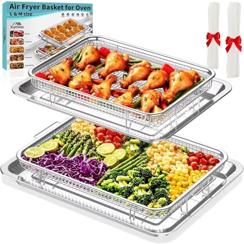 Xumilas Air Fryer Basket for Oven, 2 Set Stainless Steel Pan & Crisper Tray (15"x11" &12.8"x9.7") with 60 Parchment Papers, Family-Size Non-Stick Oven Basket for Baking Chicken, Fries, Dishwasher Safe - Image 1