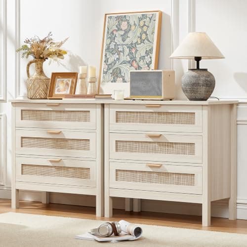 LEYAOYAO 31.5" Wide Rattan Night Stand, Large Boho Nightstand, Bedside Table with Storage, Tall Bed Side End Tables, Chest of Drawers for Bedroom, Living Room, Hallway(Grey,3 Drawers,2) - Image 1