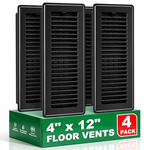 4 x 12 Floor Register, 4 Pack – Black Vent Covers for Home Floor, Rust-Resistant Spray-Coated Metal with Adjustable Control Lever, Ideal for HVAC Systems, Living Room & Bedroom Floor Vents - Image 1