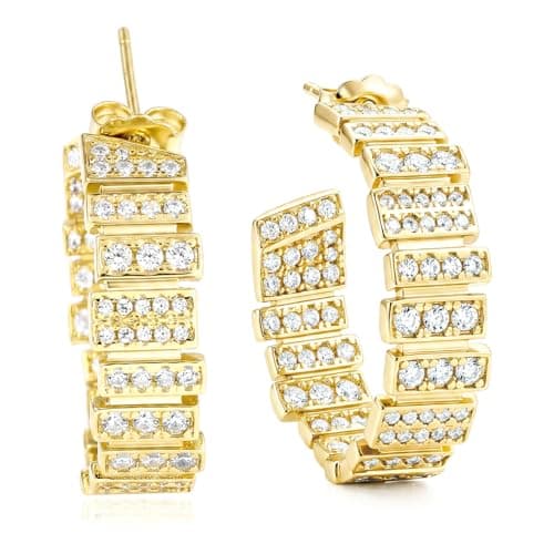 TOPROO 925 Sterling Silver Hoop Earrings for Women, Modernist 14K Gold Plated Earrings with Baguette Cubic Zirconia, Architectural Hypoallergenic Earrings for Jewelry Gift (14K GOLD)