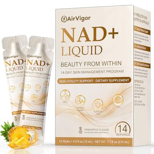 AirVigor NAD+ Liquid Supplement for Radiant Skin & Beauty Support, Daily Vitality Wellness Formula with Collagen Peptides, Hyaluronic Acid, PQQ & Quercetin, Pineapple Flavor Sticks, 14 Count
