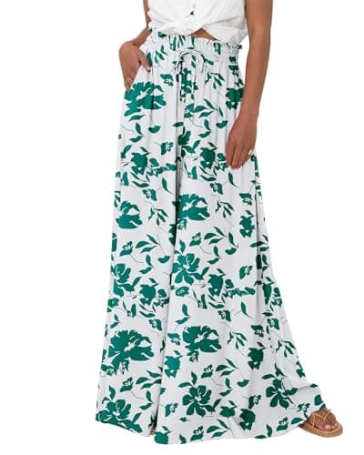 BTFBM Wide Leg Palazzo Pants for Women 2026 Summer Spring Casual High Waisted Flowy Trousers Boho Beach Vacation Outfits(Print Green, Medium) - Image 1