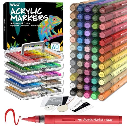 WUO 60 Colors Acrylic Paint Markers, Automatic Ink Control Brush Tip Pens, Water-Based No-Bleed Markers for Rock, Canvas, Wood, Glass, Ceramic, and DIY Art Supplies - Image 1