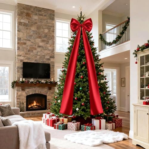 Christmas Tree Topper Bow, 23.6 x 87 Inch Giant Christmas Tree Toppers Satin Bows Christmas Decorations, Christmas Wreath Bows for Home Party Wedding Car Holiday Decor Supplies (87 Inch Red Bow) - Image 1