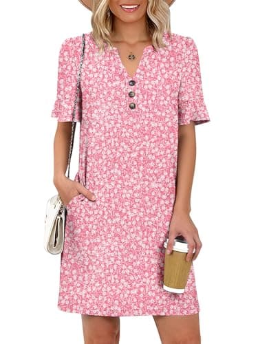Prinbara Womens Summer Casual Dresses Ruffle Short Sleeve V Neck Button 2026 Spirng Vacation Beach Loose Boho Shift Dress Floral Pink X-Large - Image 1