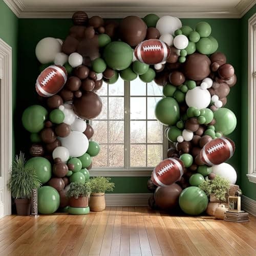 Football Balloon Garland Arch Kit, 137Pcs Sage Green White and Coffee Brown Balloons with Football Foil Balloon for Touch Down Rugby Sport Theme Superbowl Party Decorations - Image 1
