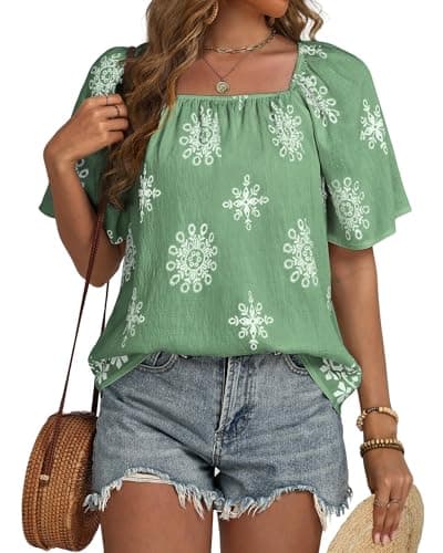 IEEILULU Womens Summer Boho Tops Square Neck Floral Print Loose Fit Blouses Tunic Casual Beach Vacation Shirts Green White L - Image 1