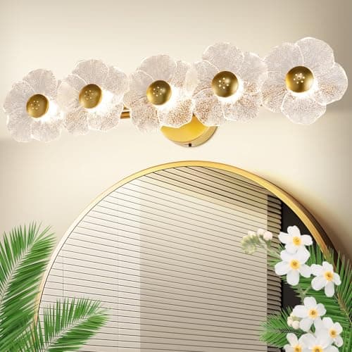 TYhogar 26.7" Gold Bathroom Light Fixtures 5 Light Floral Vanity Lights, 3-Color Dimmable Bathroom Vanity Light Elegant Led Wall Lights Cordless Wall Sconces for Decor,Bathroom,Livingroom - Image 1