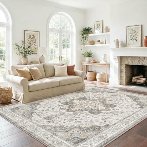 Marsail 5x7 Machine Washable Area Rug, Soft & Slip-Resistant Large Area Rug with Reinforced Bound Edges, Vintage Short-Pile Washable Rug with Floral Pattern for Living Room, Dinning Room and Bedroom - Image 1