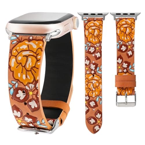 Moolia Floral Leather Band Compatible with Apple Watch Band 42/41/40/38mm Women, Cute Romantic Vintage Rose Pattern Strap for iWatch Series 11 10 9 8 7 6 5 4 3 2 1 SE/Ultra(1/2/3), Light Brown