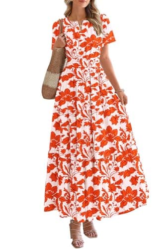 BTFBM Womens Summer Floral Maxi Dresses V Neck Short Sleeve Boho Casual Flowy Long Wedding Guest Dress Beach Vacation(Floral Brick Red, Large) - Image 1
