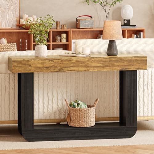 Tarnorci 55'' U-Shape Narrow Console Table, Farmhouse Wood Behind Couch Table with Bottom Storage Shelf, Vintage Entryway Table for Living Room Hallway Entrance - Image 1