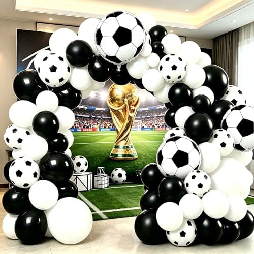 Soccer Balloon Garland Arch Kit, 18 12 10 5 Inch Black White Football Print Balloons with Soccer Foil Balloons for Soccer Sports Theme Birthday Party Decorations - Image 1
