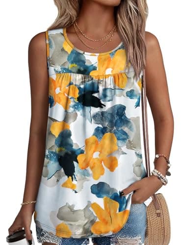 NORACORA Womens Summer Tank Tops Sleeveless T Shirt Casual Loose Fit Tunic Blouses Yellow Floral L - Image 1
