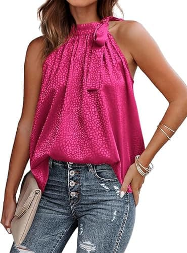 BTFBM Satin Halter Tops for Women 2026 Summer Spring Clothes Leopard Side Tie Bow Mock Neck Sleeveless Loose Tank Top(Rose Red, Small) - Image 1