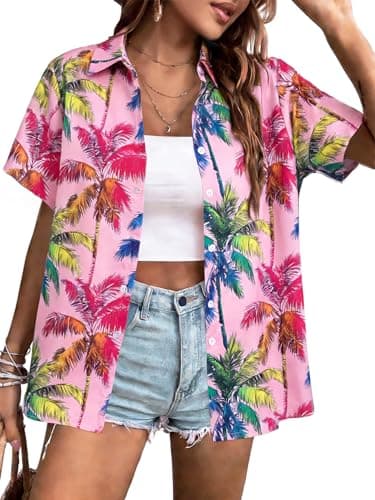 Button Down Hawaiian Shirt for Women Tropical Floral Tshirt Summer Beach Vacation Tops Pink - Image 1