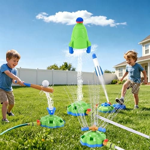Jahenway 4-in-1 Water Sprinkler Baseball Toy | Water-Powered Rocket Launch & Baseball Hitting | 360° Spinning Sprinkler & Foot-Pump Rocket | Outdoor Summer Water Toys for Kids Ages 3-12