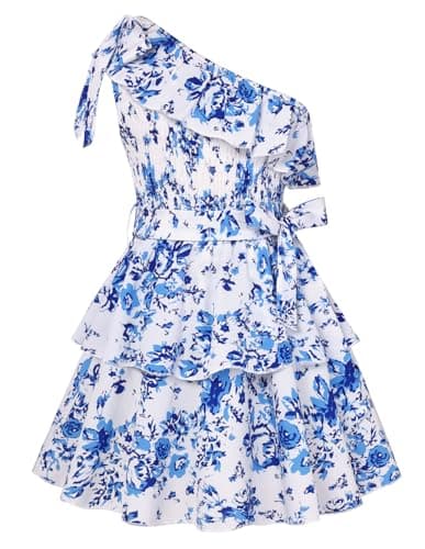 GRACE KARIN Girls Spring Dress Size 10 Tween Blue Summer Easter Dresses One Shouder Floral Beach Boho Fancy Casual Outits - Image 1