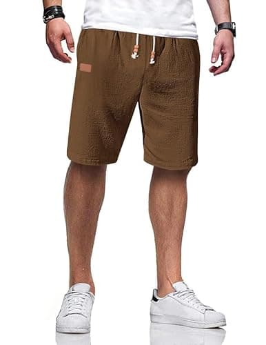 AUSELILY MEN Men's Cotton Linen Shorts 9 inch Drawstring Casual Elastic Waist Mens Summer Beach Vacation Shorts Big and Tall with Pockets Brown XL - Image 1