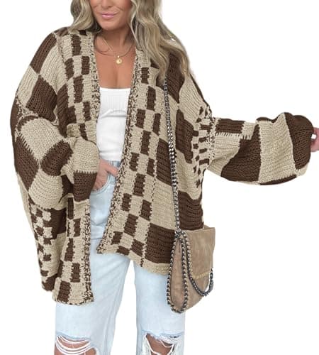 BTFBM Casual Cardigan Sweater for Women Fall 2032 Long Sleeve Open Front Chunky Knit Sweaters Checkered Outwear Coat(Brown Light Khaki,X-Small) - Image 1