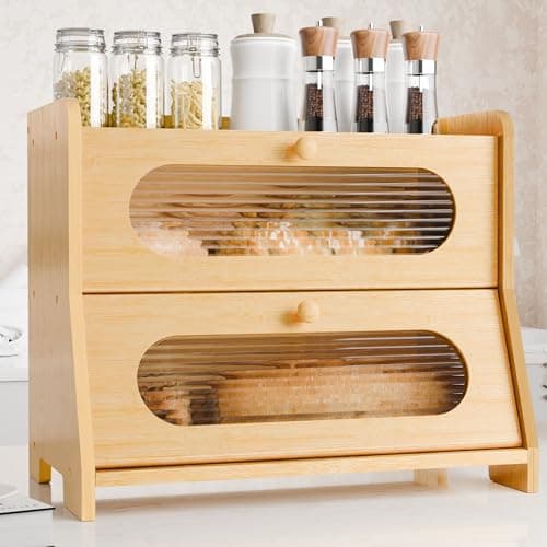 Stylstoreazy Bread Box,Extra Large 2-Tier Bamboo Bread Box for Kitchen Countertop,Bread Storage Container with Magnetic Acrylic Door for Homemade Bread,Under Cabinet,Pantry Organizer(Natural) - Image 1