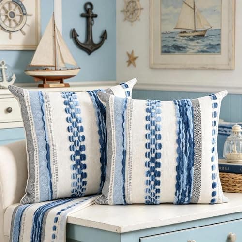 yuboo Summer Coastal Decorative Throw Pillows Set of 2, 18x18 Blue and White Textured Tufted Pillow Covers, Nautical Beach House Decor for Couch, Sofa, Bedroom and Patio (Inserts Not Included) - Image 1
