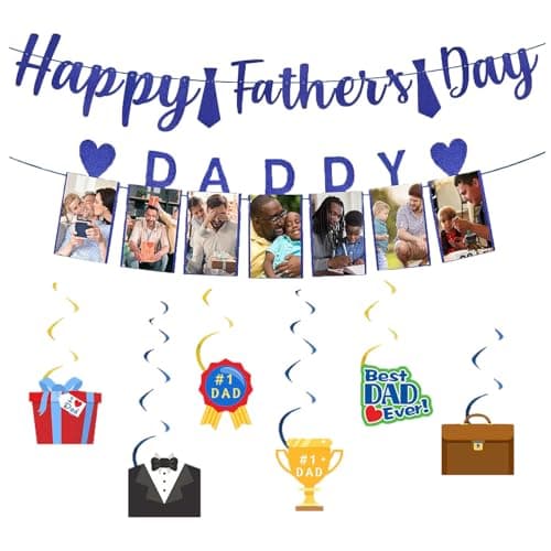 DWEARTY Fathers Day Banner Can Be Accompanied by Photos and 6 Hanging Swirl Decorations - Happy Fathers Day Decorations for Home and Party - Image 1