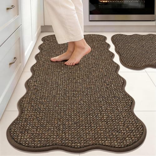 JSEI Scalloped Kitchen Rugs and Mats 2PCS, Kitchen Mats for Floor, Non-Slip Washable Kitchen Runner, Absorbent Rugs for Kitchen, Laundry & Sink, 17"x30"+17"x48", Brown