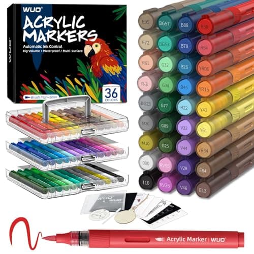 WUO 36 Colors Acrylic Paint Markers, Automatic Ink Control Brush Tip Pens, Water-Based No-Bleed Markers for Rock, Canvas, Wood, Glass, Ceramic, and DIY Art Supplies - Image 1