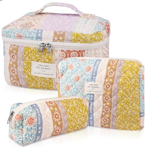 Gosect Quilted Makeup Bag Set, Large Floral Cosmetic Bag for Women, Cute Cotton Makeup Bag, Flower Travel Toiletry Organizer Bag(Color-Coded Floral) - Image 1