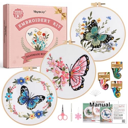 Meyocky Embroidery Kit for Beginners Adults, 3-Piece Butterfly Needlepoint Kits with Flowers Stamped Patterns Instructions & Stitch Videos Hoop Threads Needles, Gift for Craft Lovers