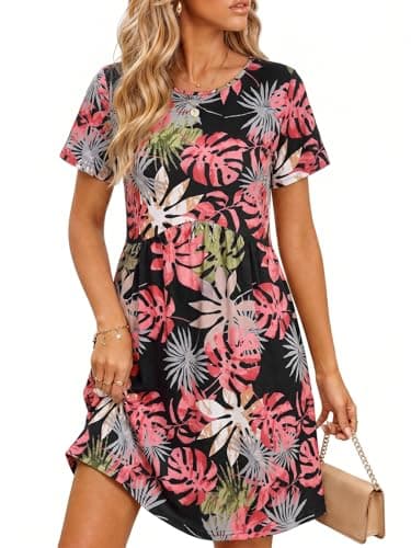 Wenrine Summer Dresses for Women 2026 T Shirt Casual Crew Neck Dresses Short Sleeve Loose Beach Mini Dress with Pockets - Image 1