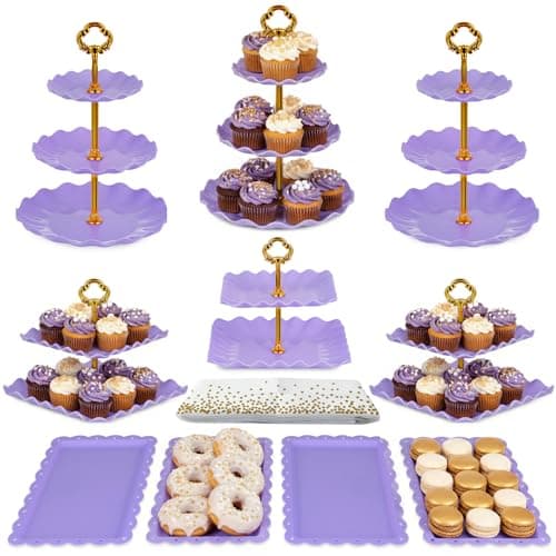 Pack of 11 NWK Cake Stand Set, with 3 x Two-Tier and 3 x Three-Tier Cupcake Stands, 4 x Appetizer Trays, 1 x Tablecloth for Birthday Bridal Baby Shower Party (Purple)