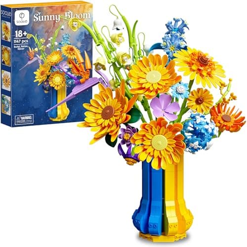 SOOLIO Sunflower Bouquet Building Set with Vase, Gift for Mom Wife Women Girlfriends Adults Couple Teens, Artificial Botanical The Starry Night Flower for Home Office Décor (1147 PCS) - Image 1