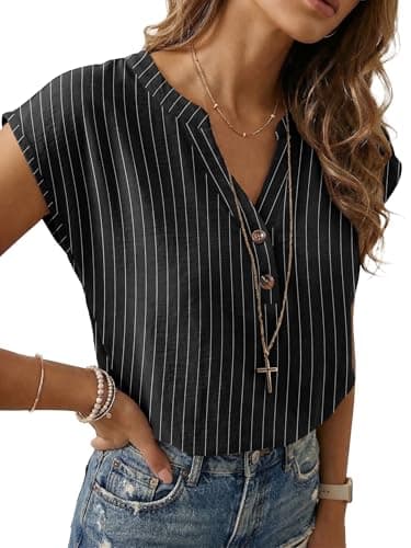 Lepunuo Womens Dressy Casual Boho Tops Trendy Work Formal Blouses Short Sleeve Button Down Shirts 2026 Vacation Fashion Clothes Striped Black - Image 1