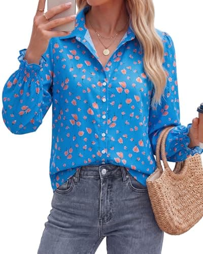 BTFBM Button Down Shirts for Women Floral Long Sleeve Lightweight Chiffon Blouses Spring Business Casual Work Tops 2026(Floral Blue Orange, Small) - Image 1