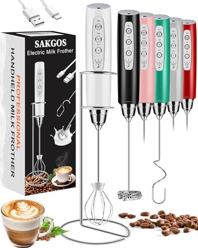 Sakgos Milk Frother with Stand Rechargeable-Handheld Coffee Frother with 3 Stainless Whisks 3 Speed Adjustable, Electric Whisk Drink Mixer, Foam Maker Blender for Matcha Latte Cappuccino Chocolate