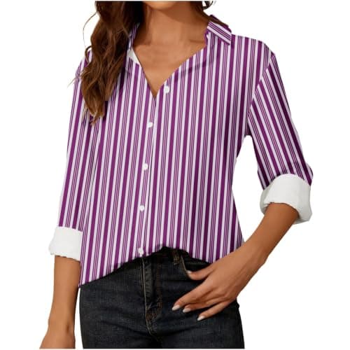 Striped Shirt Women Long Sleeve Summer Fall Blouse Purple