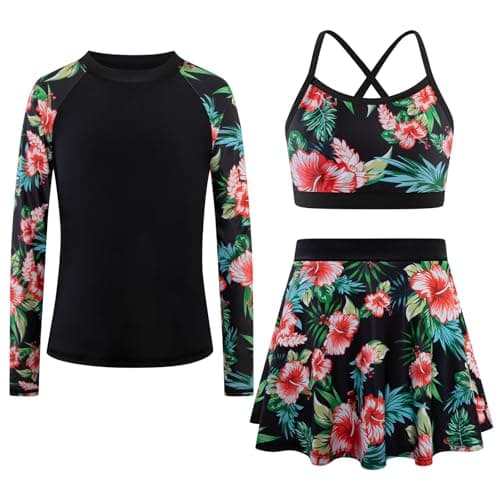 Seanrui Girls Bathing Suits Size 10-12 Rash Guard Swimsuit with Swim Shirt Long Sleeve Bathing Suit Black - Image 1