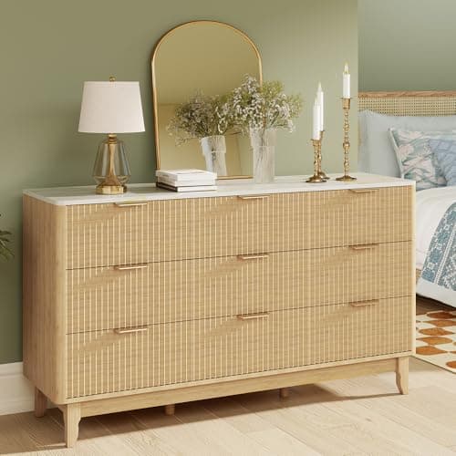 GlouMod Wood Dresser for Bedroom, 57" Long 9 Drawers Dresser with Marble White Top, Fluted Panel, Smooth Curve for Hallway, Natural Oak - Image 1