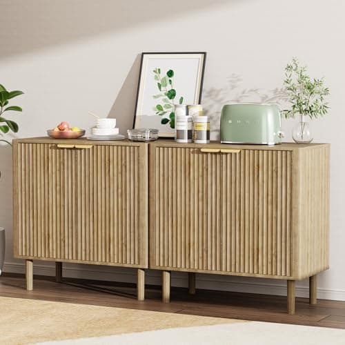 Sideboard Buffet Cabinet with Storage, Modern Fluted Accent Credenza with Doors & Adjustable Shelves, Wood Coffee Bar Console Table for Living Room, Dining Room, Kitchen or Entryway 31.5"(2pcs)Oak - Image 1