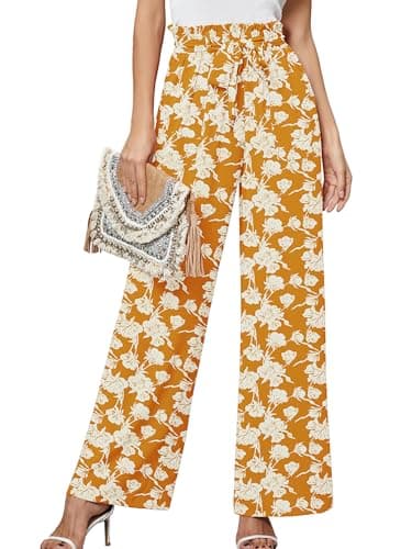 Heymoments Women's Wide Leg Pants with Pockets White Flower Yellow X-Large Lightweight High Waisted Tie Knot Paperbag Dressy Palazzo Loose Paper Bag Comfy Business Casual Work Flowy Trousers - Image 1
