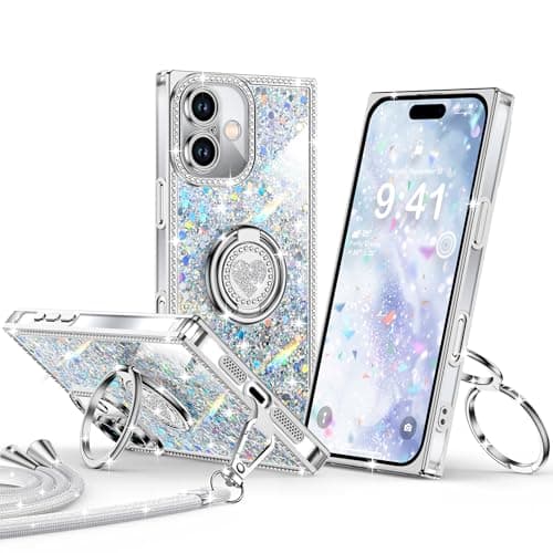 XYZ for iPhone 16 Case, Glitter Bling Phone Cover with 2-Ring Heart Stand & Lanyard, Women Girls Luxury Rhinestone Shockproof Protective Case for iPhone 16, Silver