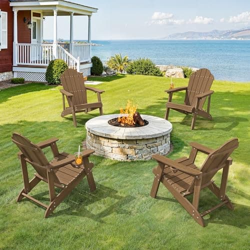LUE BONA Wood-Grain HDPE Adirondack Chairs Set of 4 - Weather Resistant Seating with Cup Holder for Patio, Fire Pit, Deck & Vacation Rental, Brown - Image 1