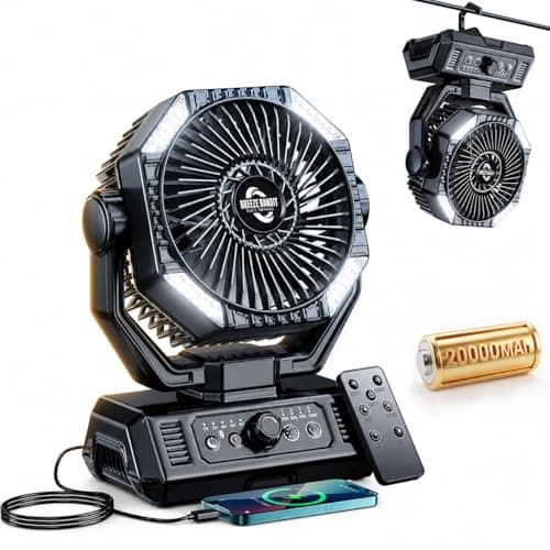 BINUYASHA Rechargeable Camping Fan with 20000mAh Battery, 8-Speed Stepless Control, Remote, Auto Oscillating, Dual LED Light & Timer, Hanging Hook for Tent, Beach, Power Outage - Image 1