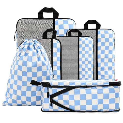 U+U 6 Set Compression Packing Cubes - Ultralight Travel Organizers with Laundry Bag, Space-Saving Suitcase Organizer for Travel, Business Trip and Family Vacation (Blue Checkered) - Image 1