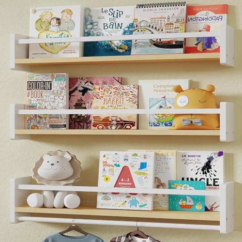 MXCSE Nursery Floating Bookshelf for Kids, Wall Mounted Kids Book Shelf with Toy Storage, Pine Wood Nursery Shelves for Playroom, Bedroom, Toddler Room, Set of 3 (White & Wooden, 24 in) - Image 1
