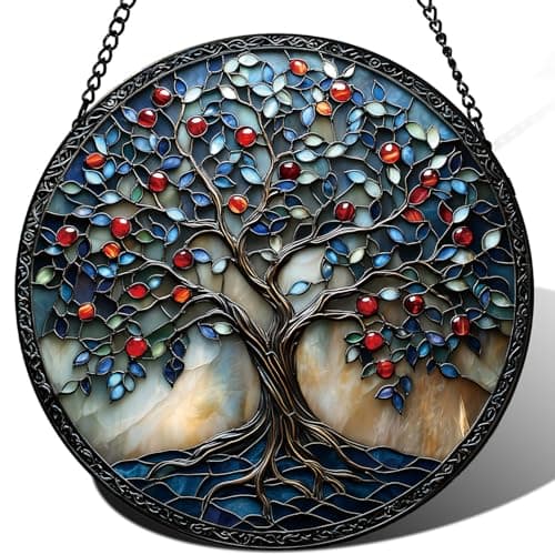 Zizzie Colorful Tree of Life Suncatcher -7.9 in Stained Glass Window Hanging Sun Catcher Garden Decor - Image 1